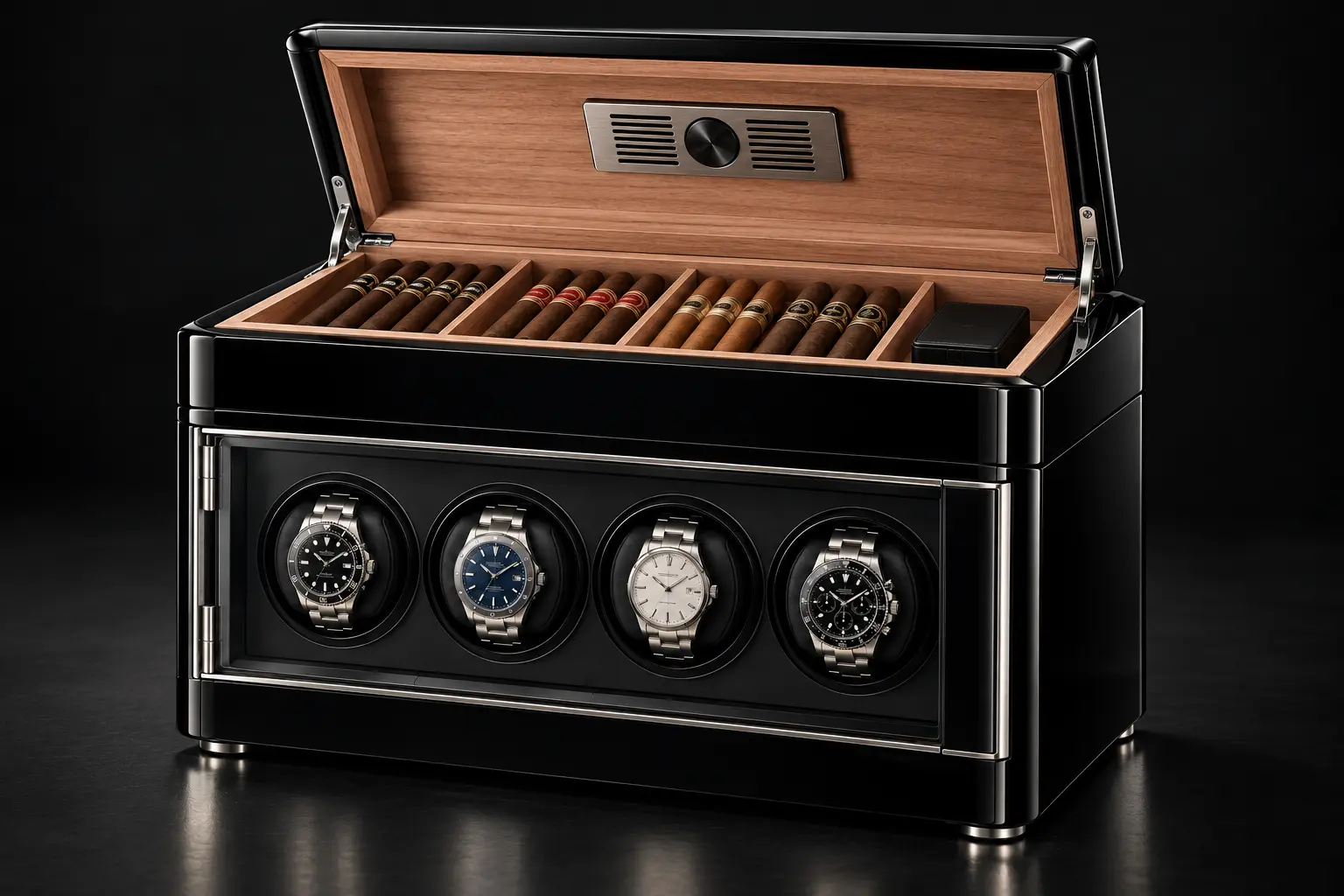 Rendering of Noir Platinum with the Spanish cedar-lined humidor open above the watch-winding compartment.