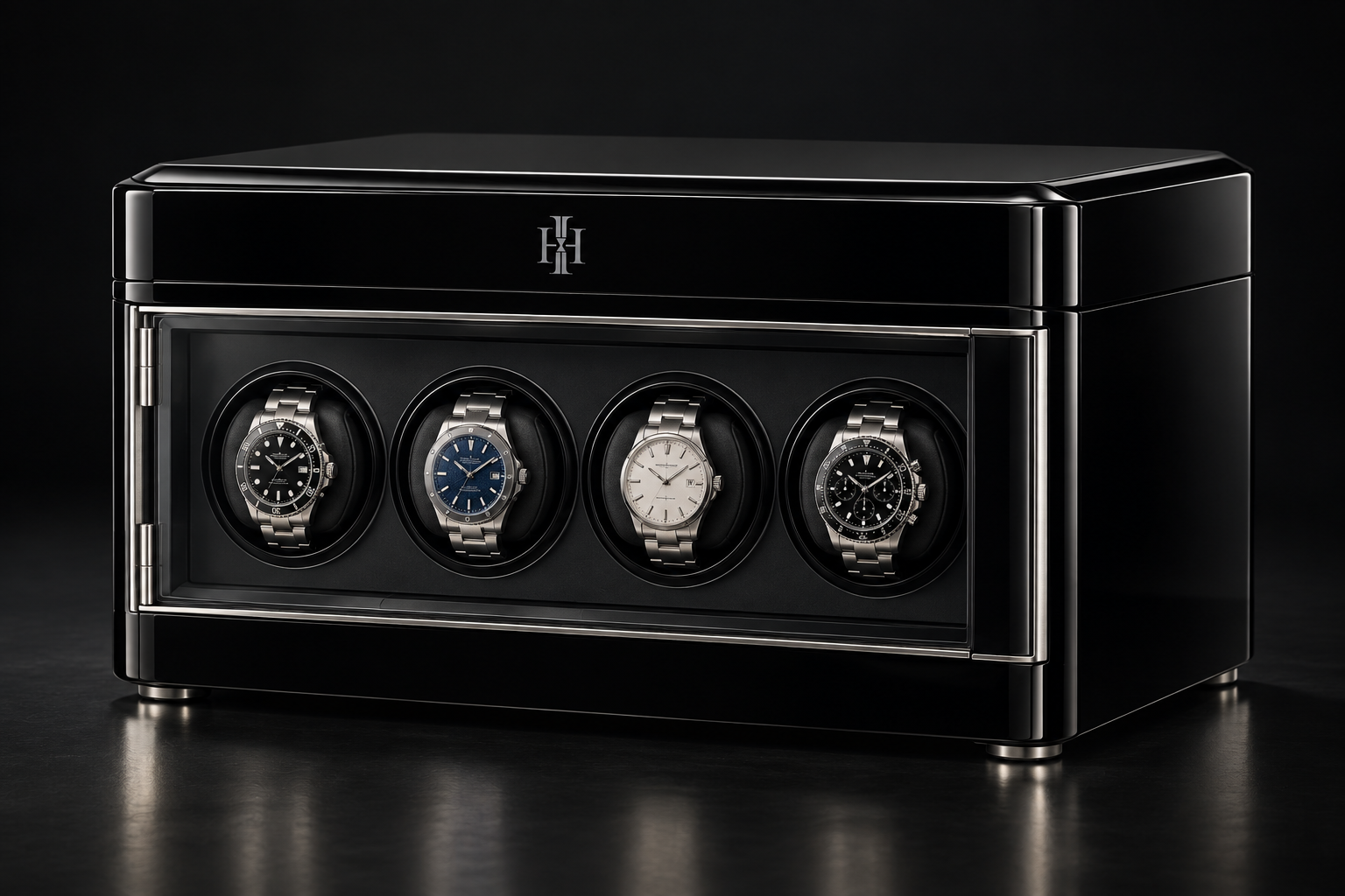 Rendering of the Noir Platinum cabinet in mirror-black lacquer with platinum-toned details, shown whole.