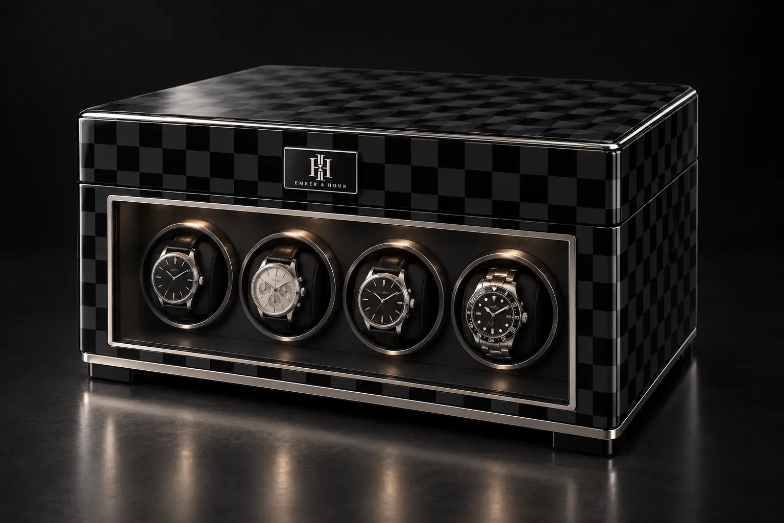 Rendering of the Noir Damier cabinet with a black-and-charcoal checkered pattern beneath a reflective finish.